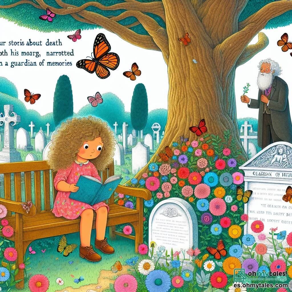 Une illustration destinée aux enfants représentant une petite fille aux cheveux bouclés, entourée de papillons colorés, assise sur un banc en bois près d'un vieux arbre majestueux, dans un paisible cimetière fleuri, où elle découvre des histoires sur la mort racontées par un mystérieux gardien des souvenirs.