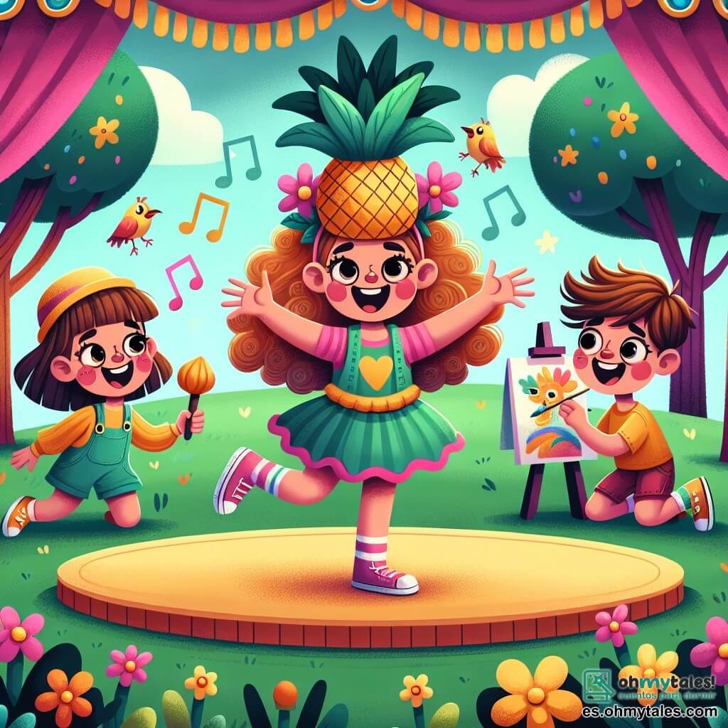 Une illustration sous forme de dessin destinée aux enfants représentant un parc coloré de Cuentilandia, avec des arbres majestueux et des fleurs dansantes, où une fille de 11 ans aux cheveux castaños bouclés et au sourire éclatant danse joyeusement sur scène avec une piña en guise de chapeau, tandis que deux amis, un garçon aux cheveux bruns imitant le chant des oiseaux et une fille aux cheveux blonds peignant un tableau, l'encouragent avec des rires et des applaudissements, illustrant ainsi le défi amusant de faire rire le public avec une performance inattendue.