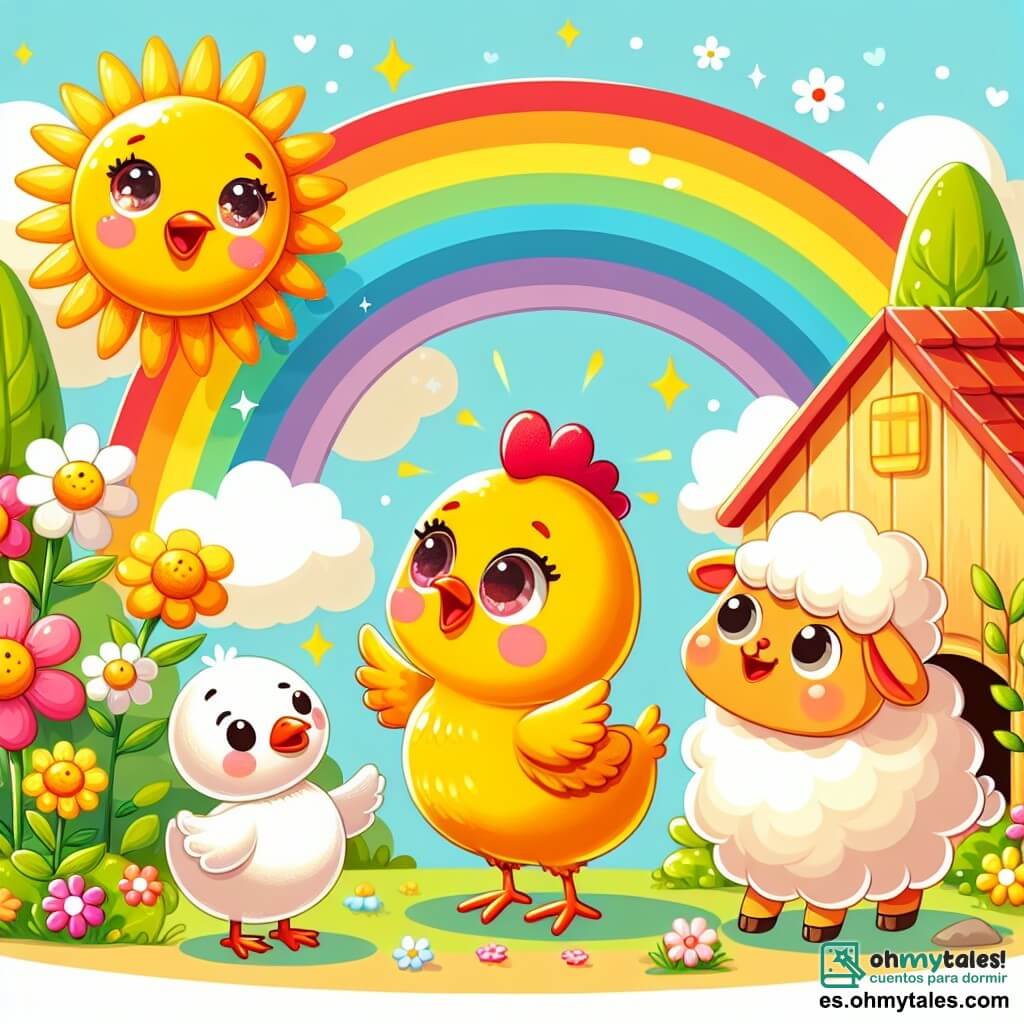 Illustration destinée aux enfants représentant un charmant gallinier ensoleillé, entouré de fleurs colorées et de grands arbres verdoyants, où une poule au plumage doré et brillant, avec des yeux pétillants de curiosité, se tient au centre, regardant avec émerveillement un magnifique arc-en-ciel qui s'étend dans le ciel. À ses côtés, un canard aux plumes blanches et jaunes, aux yeux ronds et malicieux, s'exprime avec enthousiasme, tandis qu'une douce brebis au pelage laineux et crémeux, avec un air joyeux, s'approche pour écouter. Ensemble, ils se préparent à partir à l'aventure, rêvant de découvrir le trésor caché au bout de l'arc-en-ciel, dans un décor vibrant de couleurs et de joie.