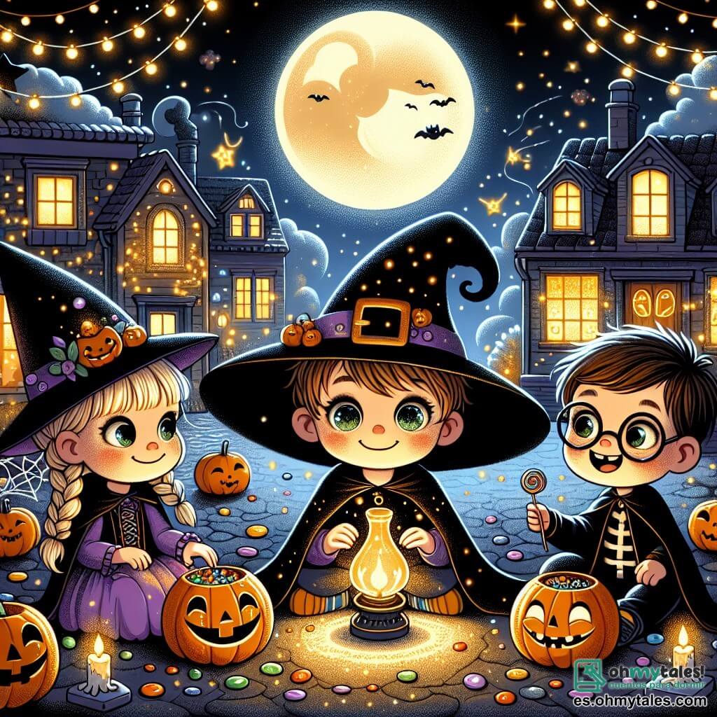Ilustración que representa una escena mágica de Halloween en un pequeño pueblo. La noche está estrellada, con una gran luna brillante iluminando casas decoradas con calabazas sonrientes y telarañas centelleantes. En el centro, un niño de 3 años, con cabello castaño desordenado y ojos chispeantes, lleva un gran sombrero de bruja negro que le cubre los ojos. Sostiene una pequeña lámpara de aceite que emite una suave luz dorada y sonríe con asombro. A su lado, dos amigos: una niña de 4 años con trenzas rubias y un vestido de bruja violeta, que observa con fascinación las luces danzantes a su alrededor, y un niño de 5 años con gafas redondas y un disfraz de vampiro, que ríe mientras sostiene un cubo lleno de caramelos de colores. La escena principal muestra a los niños rodeados de una ligera bruma y pequeñas luces brillantes, mientras un pequeño duende sonriente emerge de una nube de humo, listo para mostrarles la magia de la noche. Elementos gráficos adicionales incluyen estrellas brillantes en el cielo, hojas de otoño que caen suavemente y sombras misteriosas proyectadas por las linternas.