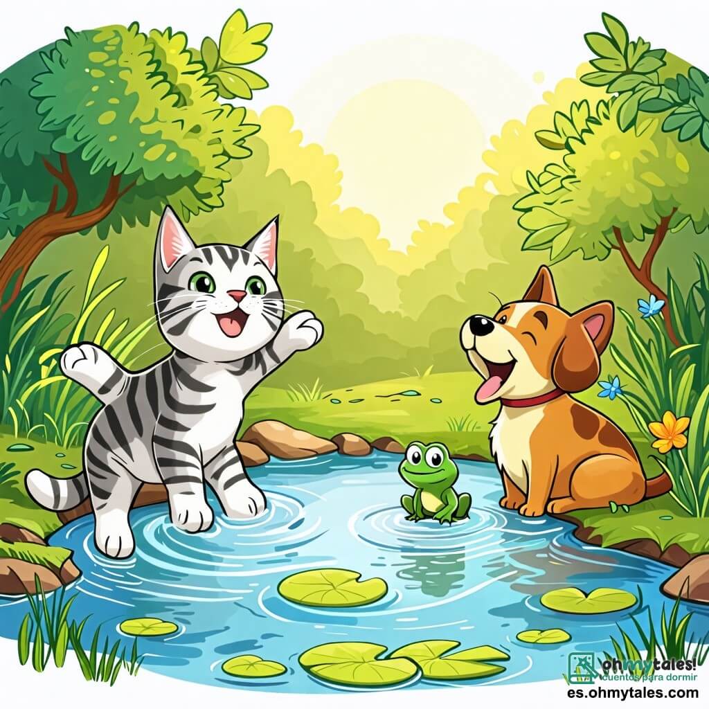 Une illustration sous forme de dessin destinée aux enfants représentant un étang ensoleillé entouré de verdure, avec un chat aux poils rayés gris et blanc, les pattes trempées dans l'eau, en train de sauter avec surprise, tandis qu'un chien joyeux à la fourrure brune et une grenouille verte rieuse l'observent depuis le bord, illustrant un moment amusant où le chat essaie de pêcher un poisson, créant une scène pleine de rires et de camaraderie.