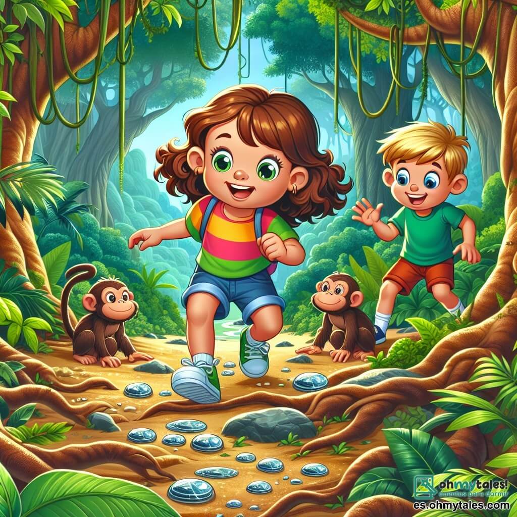Une illustration sous forme de dessin destinée aux enfants représentant une jungle luxuriante avec des arbres majestueux et des lianes, où une fille de 7 ans aux cheveux bruns et bouclés, vêtue d'un t-shirt coloré et d'un short, explore courageusement le sol recouvert de feuilles, tandis que son frère aîné de 10 ans, aux cheveux blonds et courts, l'observe avec un sourire enthousiaste, tous deux découvrant des pierres brillantes au sol et entourés de singes curieux qui les regardent avec des yeux malicieux, illustrant leur aventure palpitante à la recherche d'une caverne mystérieuse.