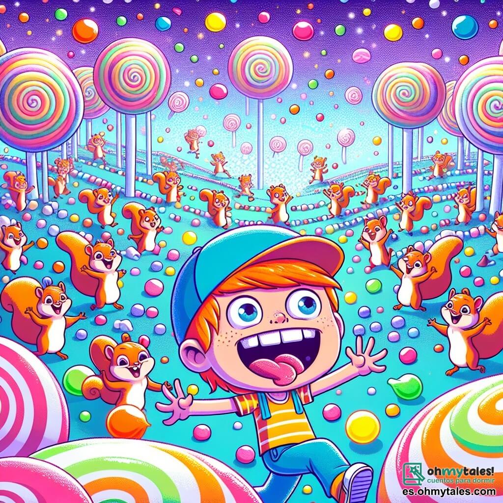 Une illustration sous forme de dessin destinée aux enfants représentant un dédale de chicles colorés et de mélodies flottantes dans un monde absurde, où un garçon de 11 ans avec des cheveux orange vif, portant une gorra bleue, danse joyeusement au milieu de gouttes de gelée tombant du ciel, entouré de plusieurs écureuils en costumes de fête qui rient et dansent autour de lui, créant une atmosphère de pure joie et de folie, avec des arbres en bonbons et un ciel violet scintillant en arrière-plan.