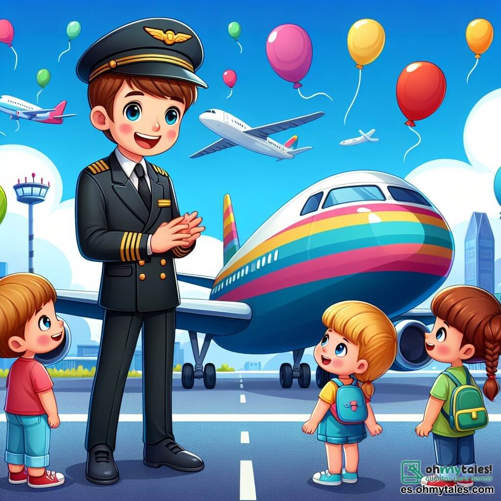 Une illustration sous forme de dessin destinée aux enfants représentant un aéroport animé sous un ciel bleu éclatant, avec un homme souriant aux cheveux bruns et portant une tenue de pilote, debout à côté d'un grand avion coloré, tandis qu'un groupe de trois enfants, deux garçons aux cheveux blonds et une fille aux cheveux bruns en tresses, l'écoutent attentivement, fascinés par ses histoires de vol et d'aventures aériennes, entourés de ballons colorés flottant dans l'air et d'autres avions en arrière-plan prêts à décoller.