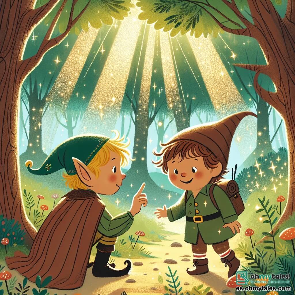 Une illustration destinée aux enfants représentant un lutin espiègle et malicieux qui rencontre un jeune explorateur courageux dans un magnifique et mystérieux bosquet enchanté, où les arbres semblent murmurer des secrets et les rayons du soleil dansent à travers les feuilles chatoyantes.