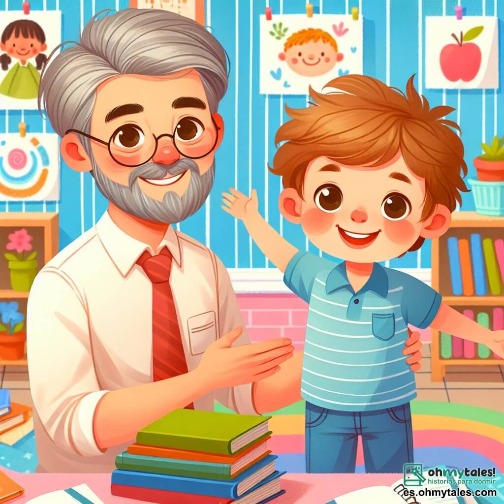 Une illustration destinée aux enfants représentant un instituteur bienveillant, un petit garçon curieux et enthousiaste, dans une salle de classe colorée et joyeuse, pleine de livres et de dessins accrochés aux murs.