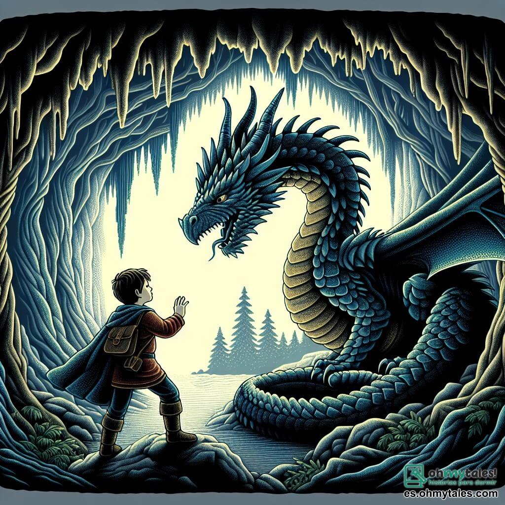 Une illustration destinée aux enfants représentant un garçon courageux affrontant un dragon majestueux dans une grotte sombre et mystérieuse du Bosque Encantado.
