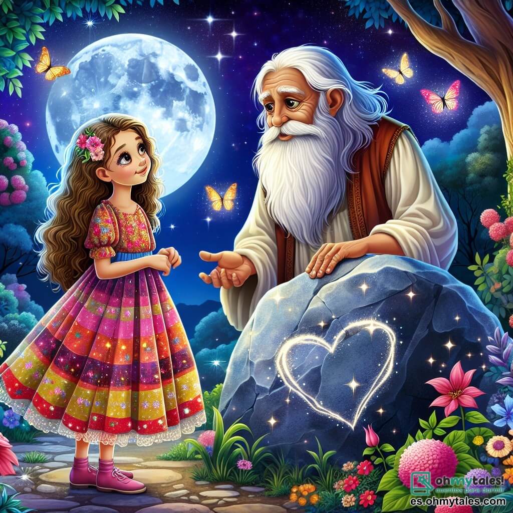 Une illustration sous forme de dessin destinée aux enfants représentant un clair de lune magique dans un jardin enchanteur, où une fille de 11 ans aux yeux brillants comme des étoiles, avec des cheveux ondulés et une robe colorée, se tient émerveillée devant un vieux rocher en forme de cœur, tandis qu'un ancêtre sage à la longue barbe blanche et aux yeux profonds, vêtu d'une tunique en lin, lui explique les secrets de la vie, entourés de fleurs éclatantes et de papillons dansant autour d'eux, symbolisant l'importance des rêves et de la curiosité.