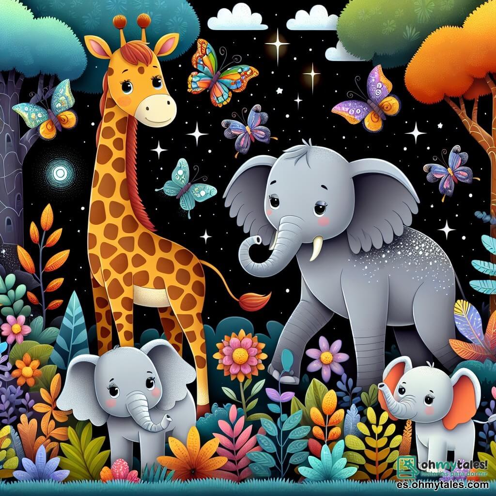 Une illustration destinée aux enfants représentant une élégante girafe curieuse se tenant au milieu d'un mystérieux bosque coloré, accompagnée d'un groupe d'éléphants joueurs, dans un décor enchanté où les fleurs brillent de mille couleurs et les papillons dansent dans l'air.