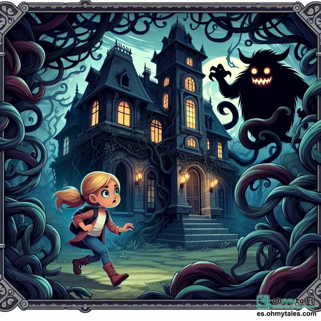 Une illustration destinée aux enfants représentant une fille courageuse explorant une ancienne maison hantée, accompagnée d'un mystérieux monstre aux yeux brillants, dans une sombre mansión abandonnée envahie par des enredaderas et des ombres inquiétantes.