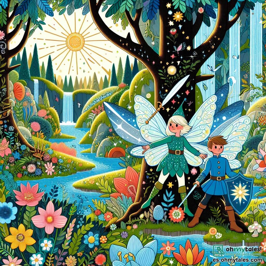 Une illustration destinée aux enfants représentant une fée aux ailes chatoyantes qui fait équipe avec un jeune garçon courageux pour protéger un jardin magique rempli de fleurs multicolores, cascades étincelantes et arbres centenaires aux feuilles scintillantes.