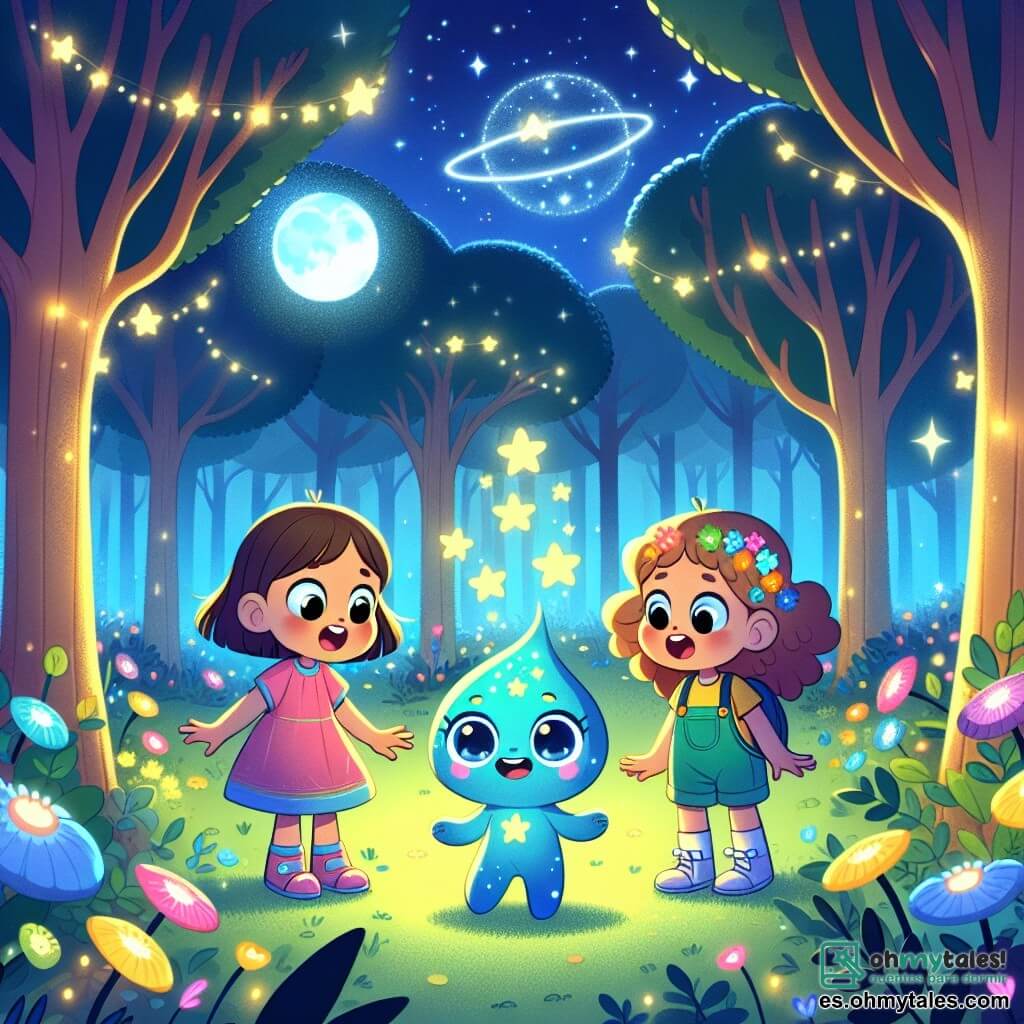 Ilustración que representa un claro de bosque encantado, bañado por la suave luz de la luna. Los árboles son altos y majestuosos, sus hojas brillan como estrellas, mientras que flores coloridas iluminan el suelo. En el centro, tres niñas de cinco años, dos con cabello castaño liso y una con cabello rubio rizado, están maravilladas. Llevan ropa colorida: una tiene un vestido rosa, otra una camiseta azul y una falda amarilla, y la última un overol verde. Miran con ojos desorbitados a una pequeña criatura extraterrestre, un ser azul celeste con grandes ojos brillantes y piel reluciente, que sonríe alegremente. La criatura está bailando, con sus brazos en forma de estrella extendiéndose hacia las niñas. Al fondo, una pequeña nave espacial brillante, como una burbuja de jabón, flota suavemente, añadiendo un toque mágico a la escena. Estrellas brillantes en el cielo nocturno completan esta atmósfera de cuento de hadas.