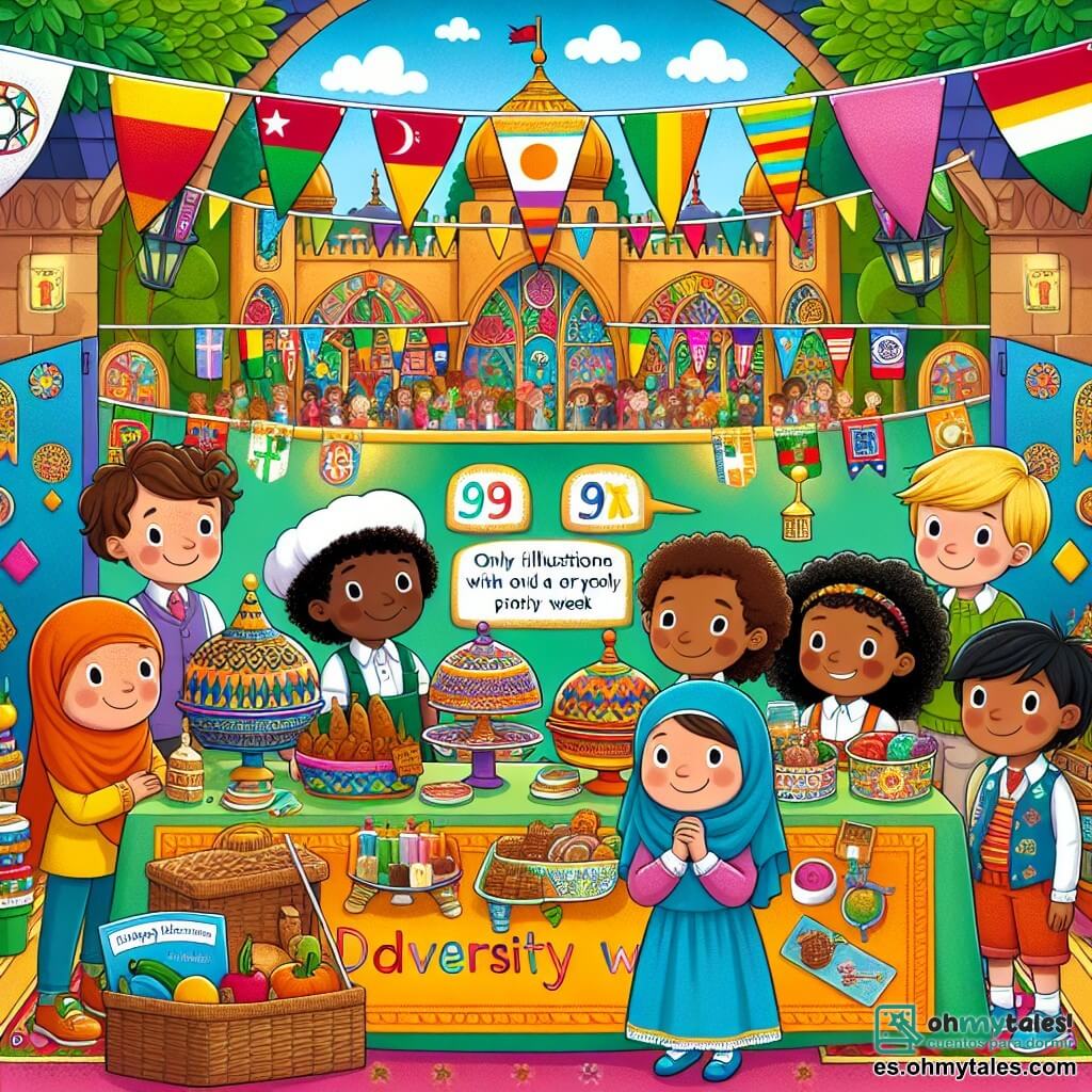 Une illustration sous forme de dessin destinée aux enfants représentant une scène vibrante dans une école primaire colorée du Bosque Enchanté, où un groupe d'enfants de 9 ans, comprenant une fille aux cheveux bouclés et à la peau claire, un garçon aux cheveux bruns et à la peau mate, une fille aux cheveux longs et à la peau foncée, un garçon aux cheveux blonds et à la peau claire, et un garçon aux cheveux noirs et à la peau caramel, sont en train de préparer un stand pour la Semaine de la Diversité, entourés de décorations colorées, de plats marocains appétissants et de drapeaux du monde entier, illustrant l'importance de l'amitié et de l'échange culturel.