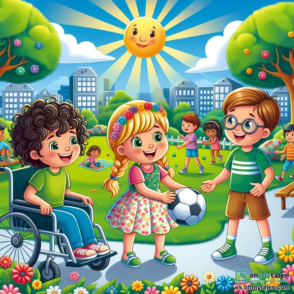 Une illustration sous forme de dessin destinée aux enfants représentant un charmant parc ensoleillé de Valle Verde, avec des arbres verdoyants et des fleurs colorées, où un garçon de 11 ans aux cheveux bruns et bouclés, souriant et assis dans sa chaise roulante, joue au ballon avec une fille aux cheveux blonds tressés, habillée d'une robe à fleurs, tandis qu'un garçon timide aux lunettes observe avec un sourire, illustrant un moment de joie et d'inclusion entre amis, montrant que chacun peut participer et s'amuser ensemble, peu importe les différences.