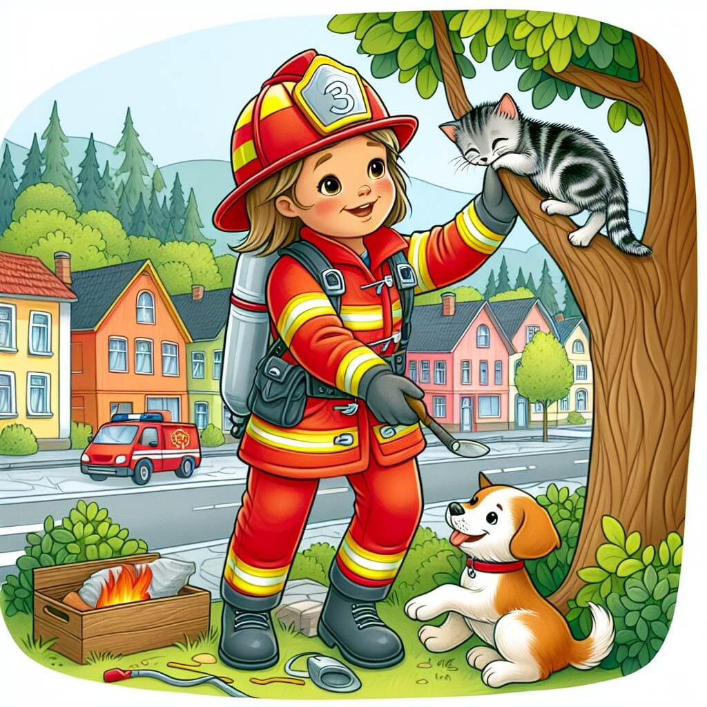 Une illustration destinée aux enfants représentant une femme pompier courageuse, portant son casque et sa combinaison rouge vif, en train de sauver un chaton coincé dans un arbre, avec un adorable chien pompier à ses côtés, dans une petite ville paisible avec des maisons colorées et des arbres verdoyants.