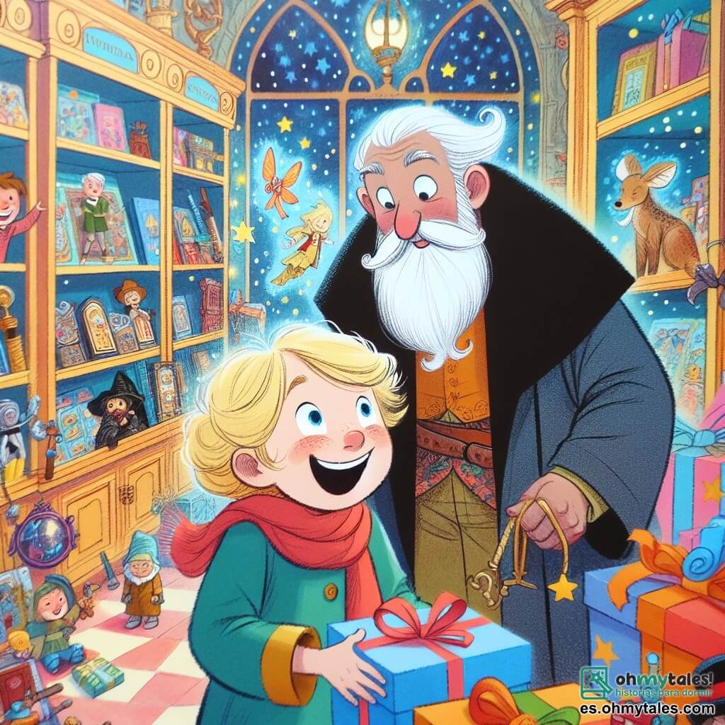 Une illustration destinée aux enfants représentant une petite fille pleine d'enthousiasme, cherchant le cadeau parfait pour la fête des pères, accompagnée d'un mystérieux homme à la barbe blanche, dans une Tienda de Regalos Mágicos aux couleurs vives et aux jouets enchantés.