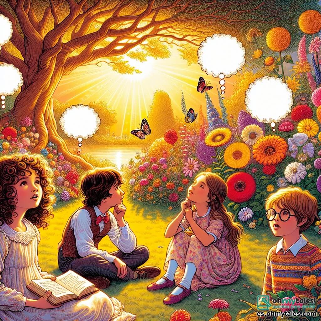 Ilustración que representa un hermoso jardín de flores coloridas, bañado por la luz dorada del sol. Las flores con pétalos brillantes de rojo, amarillo y violeta bailan suavemente con la brisa, mientras que un gran árbol con ramas extendidas ofrece sombra y serenidad. En el centro de esta escena, cuatro niños están juntos: una niña de 10 años con cabello rizado y castaño, vestida con un vestido ligero y una sonrisa curiosa, sentada en la hierba. A su lado, un niño de 11 años con gafas y cabello castaño, inclinado hacia adelante, con aspecto pensativo, sosteniendo un libro abierto. Otra niña de 10 años, con cabello largo y rubio, vestida con una camiseta colorida, mira las flores con asombro, mientras que un niño de 9 años, con cabello corto y negro, observa el cielo, con aire soñador. La situación principal muestra a los niños reflexionando juntos, compartiendo ideas y preguntas sobre la vida, rodeados por la belleza del jardín. Burbujas de diálogo flotan a su alrededor, ilustrando sus pensamientos profundos y sus intercambios filosóficos. En el fondo, mariposas coloridas vuelan alrededor de las flores, añadiendo un toque de magia a esta escena pacífica e inspiradora.