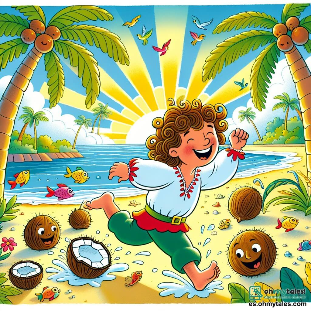 Une illustration sous forme de dessin destinée aux enfants représentant une plage ensoleillée de Risaslandia, avec des palmiers dansants et des cocotiers, où un prince joyeux aux cheveux bouclés et au sourire éclatant court après des cocos rieurs qui roulent sur le sable, entouré de poissons colorés qui sautent hors de l'eau et d'oiseaux aux plumes vives chantant des mélodies amusantes, le tout dans une ambiance de fête et de rires.