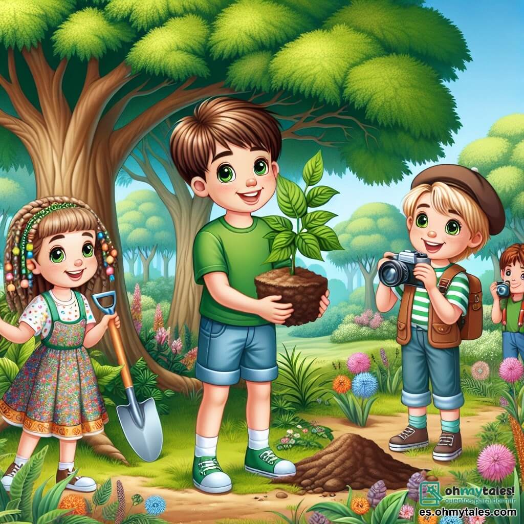 Une illustration sous forme de dessin destinée aux enfants représentant une belle réserve naturelle verdoyante, avec de grands arbres aux feuilles luxuriantes et des fleurs colorées, où un garçon de 12 ans aux cheveux bruns et aux yeux pétillants, portant un t-shirt vert et un short, est en train de planter un jeune arbre avec enthousiasme, tandis qu'à ses côtés, une fille aux cheveux blonds tressés, vêtue d'une robe colorée, tient une pelle et sourit, et un autre garçon aux cheveux châtains, portant une casquette, prend des photos de cette action joyeuse, symbolisant leur engagement collectif pour sauver la nature et restaurer leur environnement.