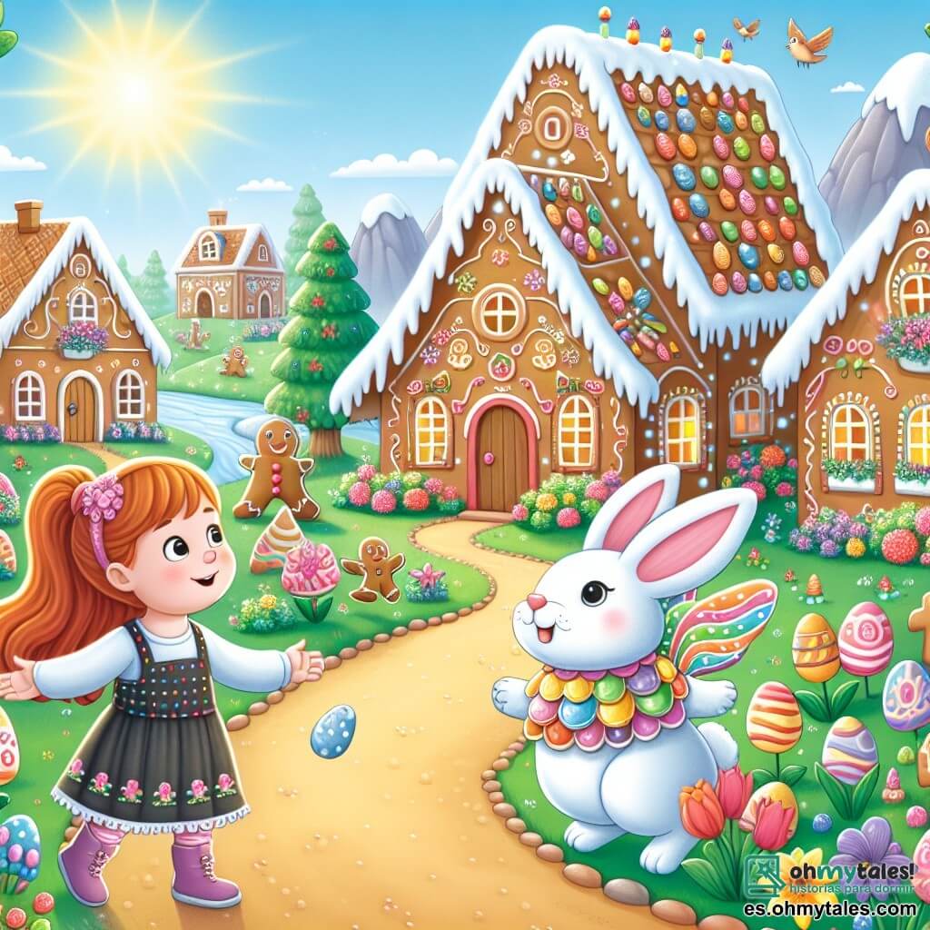 Une illustration destinée aux enfants représentant une fillette très curieuse, une rencontre magique avec un lapin aux écailles colorées, et un village pittoresque avec des maisons en pain d'épice et des fleurs parfumées, le tout se déroulant lors d'une joyeuse fête de Pâques.