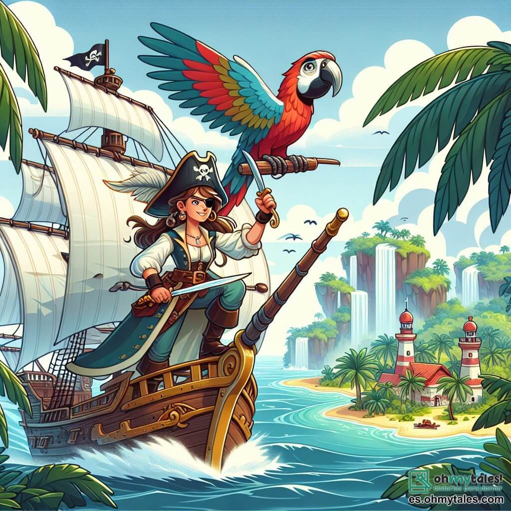 Une illustration destinée aux enfants représentant une femme pirate courageuse, entourée de son fidèle perroquet, naviguant sur un majestueux navire volant au-dessus d'une île tropicale luxuriante parsemée de palmiers et de cascades scintillantes.