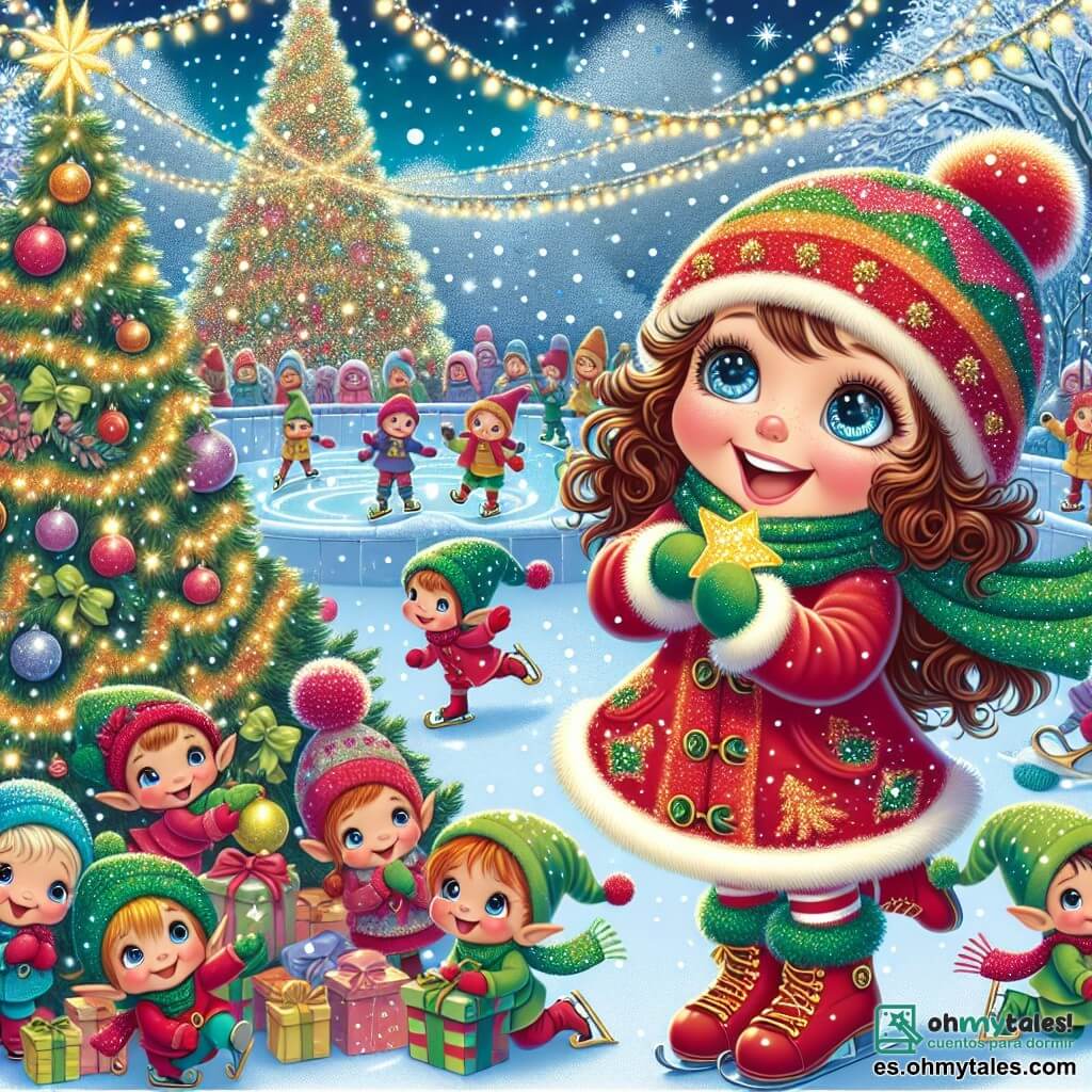 Ilustración que representa una escena mágica de Navidad en una encantadora plaza nevada, donde los árboles brillan con luces y copos de nieve caen suavemente del cielo. En el centro, una niña de 5 años, con grandes ojos azules y cabello rizado castaño, lleva un abrigo rojo brillante y un gorro de lana. Ríe alegremente mientras sostiene una estrella dorada en sus manos, rodeada de pequeños duendes coloridos. Estos duendes, de aproximadamente 30 cm de altura, visten trajes verdes y rojos, con gorros puntiagudos y sonrisas traviesas. Se afanan alrededor de un gran árbol decorado, colgando guirnaldas y bolas brillantes. La escena irradia alegría y camaradería, con niños riendo y patinando en una pista cercana, mientras regalos coloridos están apilados alrededor del árbol. Todo evoca la magia de la Navidad, con colores vivos y detalles festivos, creando una atmósfera cálida y alegre.