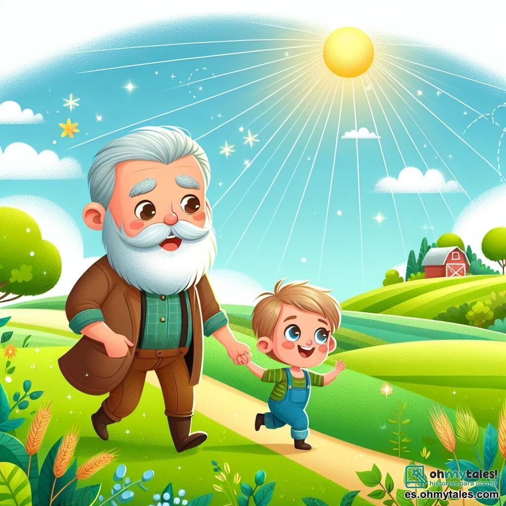 Une illustration destinée aux enfants représentant un homme joyeux et barbu, un petit garçon curieux, une ferme enchantée entourée de champs verdoyants, et une journée remplie de découvertes magiques.