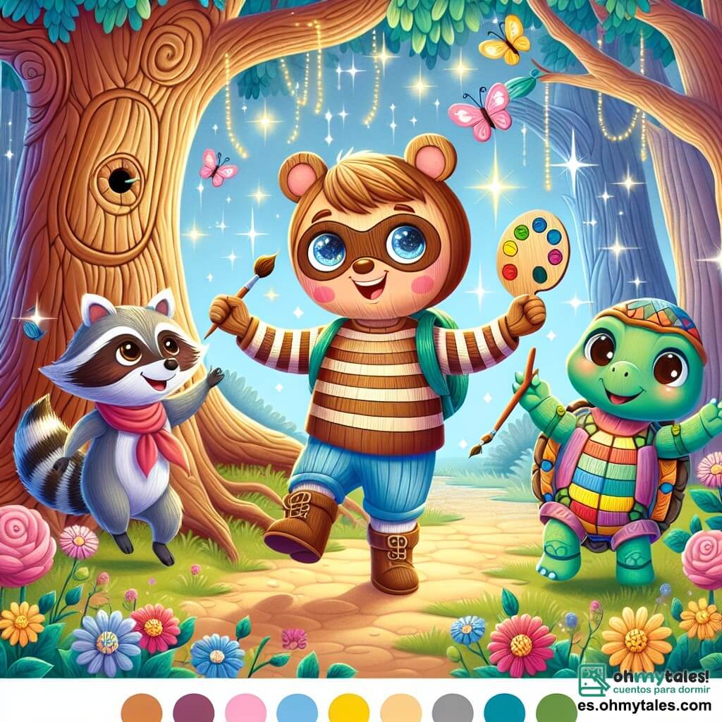Une illustration sous forme de dessin destinée aux enfants représentant un magnifique forêt enchantée, avec des arbres aux troncs noueux et des feuilles scintillantes, où un garçon en bois, avec une tête ronde, des yeux pétillants et une grande chemise à rayures, danse joyeusement au milieu de ses amis : une petite ratoncita courageuse aux grandes oreilles et une tortue colorée tenant une palette de peinture, tous ensemble célébrant la magie de l'amitié et des rêves, entourés de fleurs éclatantes et de papillons virevoltants.