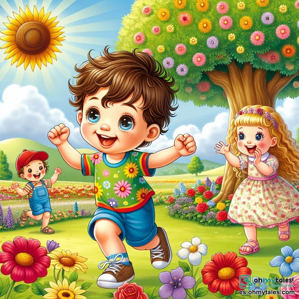Ilustración que representa un parque soleado, lleno de flores coloridas en tonos vivos, como rosas rojas, girasoles amarillos y violetas moradas. En el centro, un gran árbol majestuoso se alza, ofreciendo sombra y un punto de referencia para los niños que juegan. En primer plano, un niño de 3 años, con cabello castaño desordenado y ojos brillantes de curiosidad, corre con entusiasmo. Lleva una camiseta colorida y un pantalón corto azul, con los brazos abiertos como si quisiera atrapar el viento. Su rostro expresa gran determinación y una alegría contagiosa. A su lado, una niña de 3 años, con largas trenzas doradas y una sonrisa radiante, lo anima levantando los brazos. Lleva un vestido de flores y sandalias. Otro niño, también de 3 años, con una gorra roja y mejillas sonrosadas, aplaude riendo, mientras una niña pequeña, con cabello rizado y un vestido rosa, los observa con admiración. La escena captura el momento en que el niño corre con confianza hacia el gran árbol, rodeado de sus amigos que lo animan. Mariposas coloridas vuelan a su alrededor, añadiendo un toque mágico a la atmósfera alegre y amistosa. La ilustración transmite un sentimiento de camaradería y confianza en uno mismo, con colores vivos y expresiones alegres en los rostros de los niños.