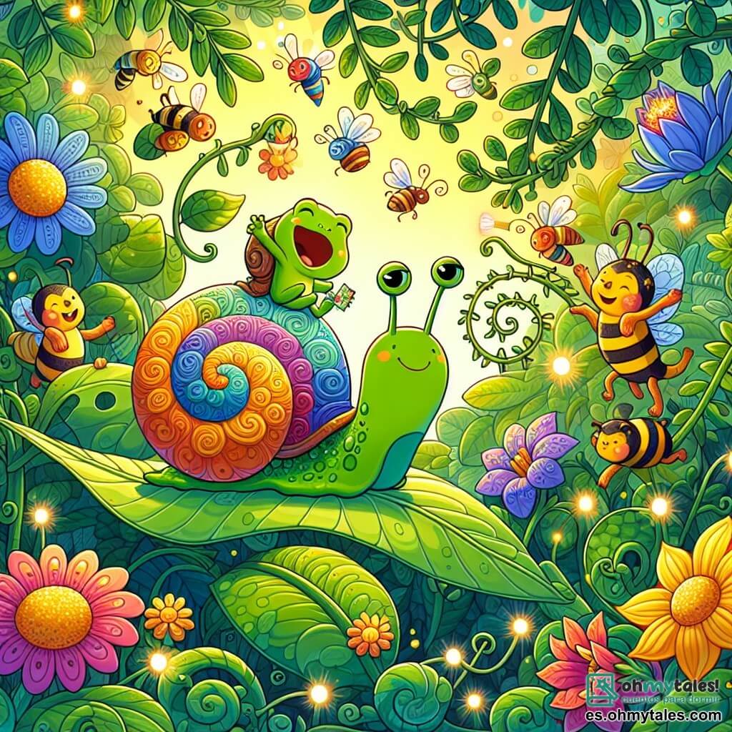 Ilustración que representa un claro soleado en el corazón de una jungla vibrante, donde hojas verdes exuberantes y flores coloridas se entrelazan, creando un cuadro vivo de la naturaleza. En el centro, un caracol lindo con un caparazón brillante y colorido, moviéndose lentamente sobre una gran hoja, con los ojos chispeantes de emoción, sosteniendo una pequeña invitación en su concha. Cerca, una rana alegre con una piel verde brillante y ojos redondos, realizando saltos acrobáticos, mientras un grupo de abejas doradas revolotea a su alrededor, llevando guirnaldas de flores coloridas. La escena irradia una atmósfera festiva, con animales reunidos, riendo y bailando, mientras luciérnagas comienzan a iluminar el cielo crepuscular, añadiendo un toque mágico a esta fiesta animada.