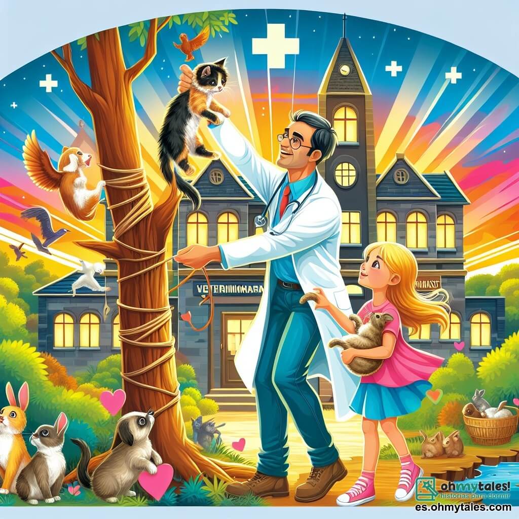 Une illustration destinée aux enfants représentant un homme aimant les animaux, sauvant un gatito dans un arbre, accompagné d'une niña avec son conejito, dans une clinique vétérinaire chaleureuse et colorée de Villa Petrus.