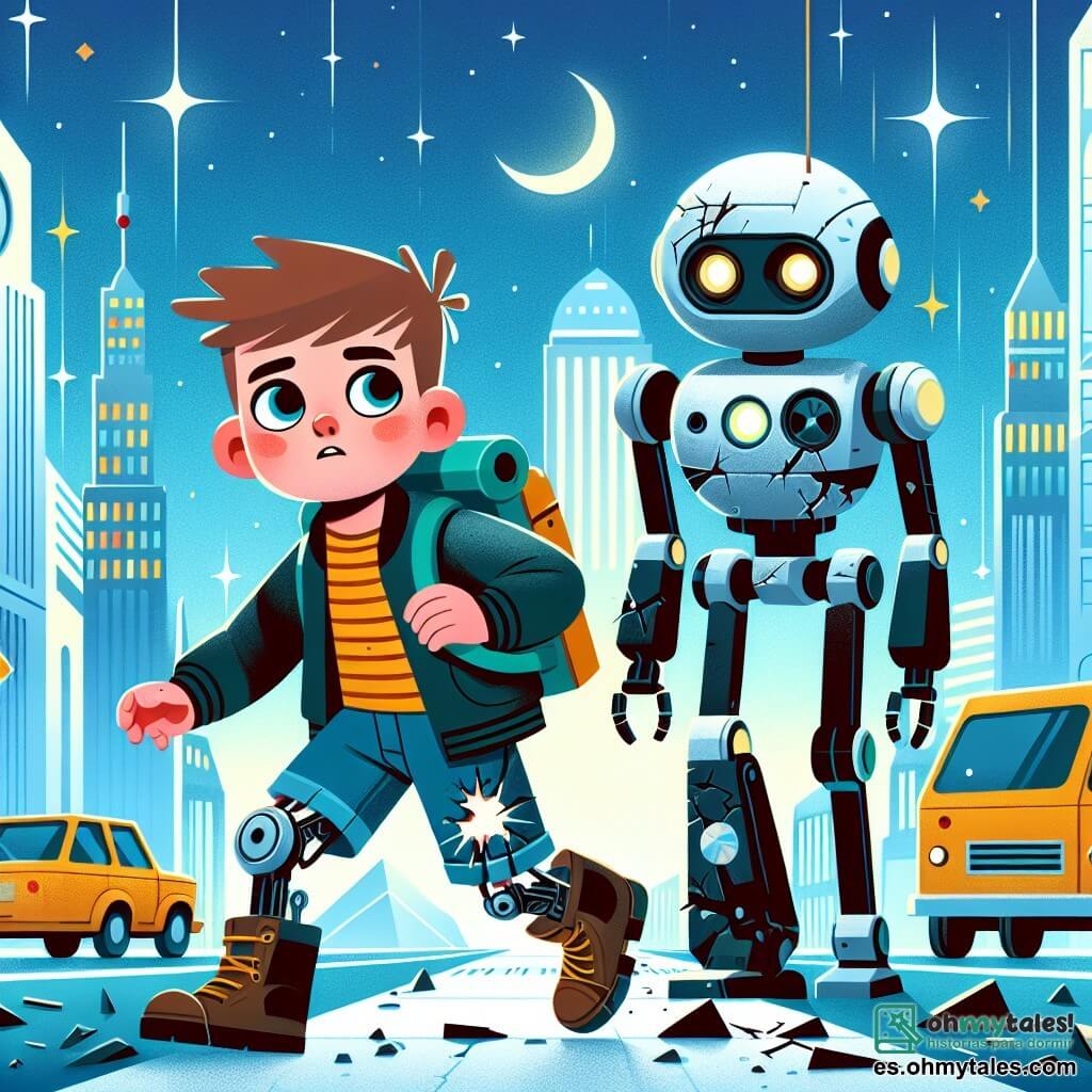 Une illustration destinée aux enfants représentant un garçon curieux et courageux, accompagné d'un robot endommagé, explorant les rues brillantes et futuristes de la ville de Neoaurora.