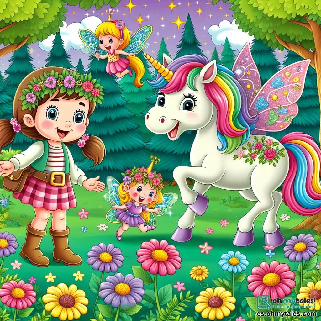 Une illustration destinée aux enfants représentant une jeune fille curieuse rencontrant un unicornio aux couleurs chatoyantes dans un bosque enchanté, accompagnée d'une fée espiègle, dans un prado de flores multicolores et arbres rieurs du Bosque de las Risas.