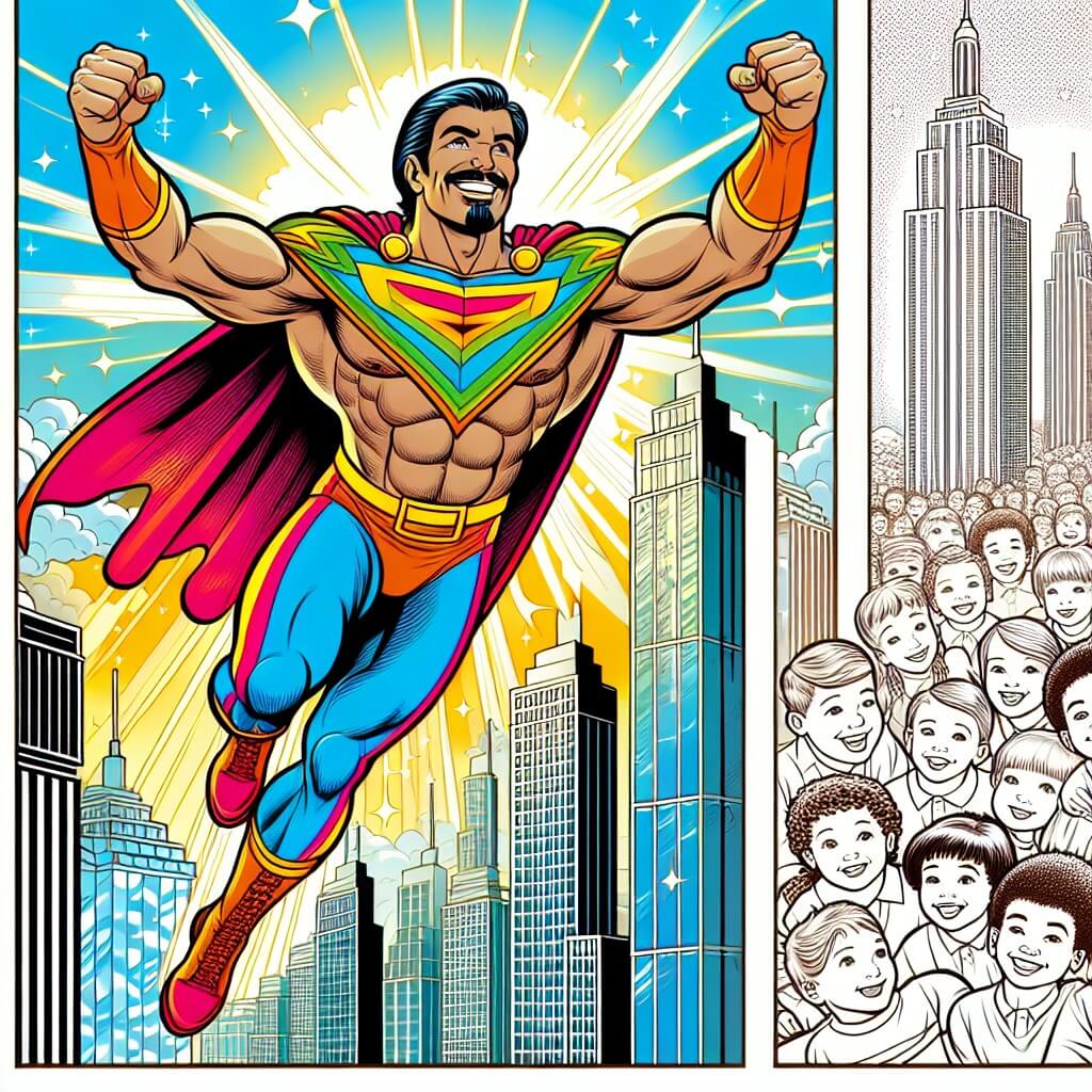 Une illustration destinée aux enfants représentant un homme aux muscles puissants, vêtu d'un costume coloré, volant dans le ciel au-dessus d'une ville étincelante de gratte-ciel, avec en contrebas, un groupe d'enfants souriants l'accompagnant dans ses aventures.
