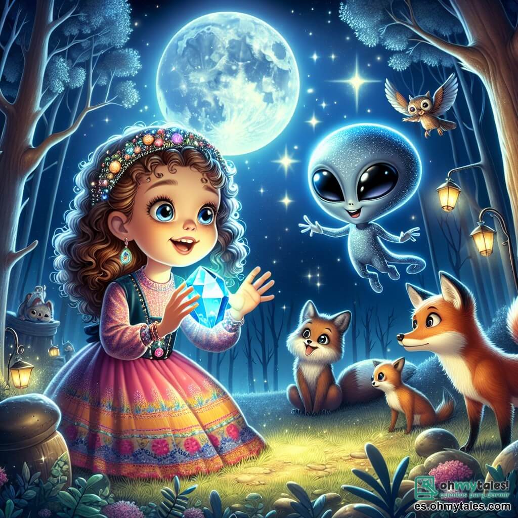 Une illustration sous forme de dessin destinée aux enfants représentant un clair de lune magique dans un forêt enchantée, où une fille de 11 ans aux cheveux bouclés et brillants, vêtue d'une robe colorée, tient un cristal lumineux dans ses mains, émerveillée par la présence d'un petit extraterrestre bleu avec de grands yeux noirs, flottant à ses côtés et souriant, tandis qu'un groupe d'animaux curieux, comme un renard et un hibou, les observe avec fascination, capturant l'instant où ils échangent des histoires d'amitié et de curiosité intergalactique.