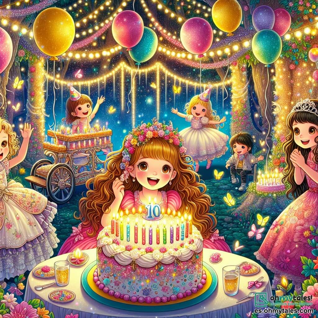 Ilustración que representa una escena mágica en un jardín encantado, lleno de luces centelleantes y flores coloridas que parecen bailar al ritmo de una suave melodía. En el centro, una gran mesa decorada con globos multicolores y un enorme pastel de cumpleaños, adornado con velas que brillan como estrellas. A la izquierda, una niña de unos 10 años, con cabello largo y rizado de color castaño, lleva un vestido rosa con patrones de flores. Sonríe con asombro, los ojos brillando de alegría, mientras se prepara para soplar las velas de su pastel. Junto a ella, otra niña, también de 10 años, con cabello corto y liso de color rubio, está sentada en una silla de ruedas mágica, decorada con purpurina. Aplaude con entusiasmo, su rostro iluminado por una gran sonrisa. Al fondo, dos niñas más, una con cabello castaño y otra con cabello negro, se toman de las manos, riendo y bailando alrededor de la mesa, creando una atmósfera festiva y cálida. Luciérnagas vuelan a su alrededor, añadiendo un toque de magia a la escena, mientras un gato de colores cambiantes, sentado en la mesa, observa la fiesta con curiosidad.