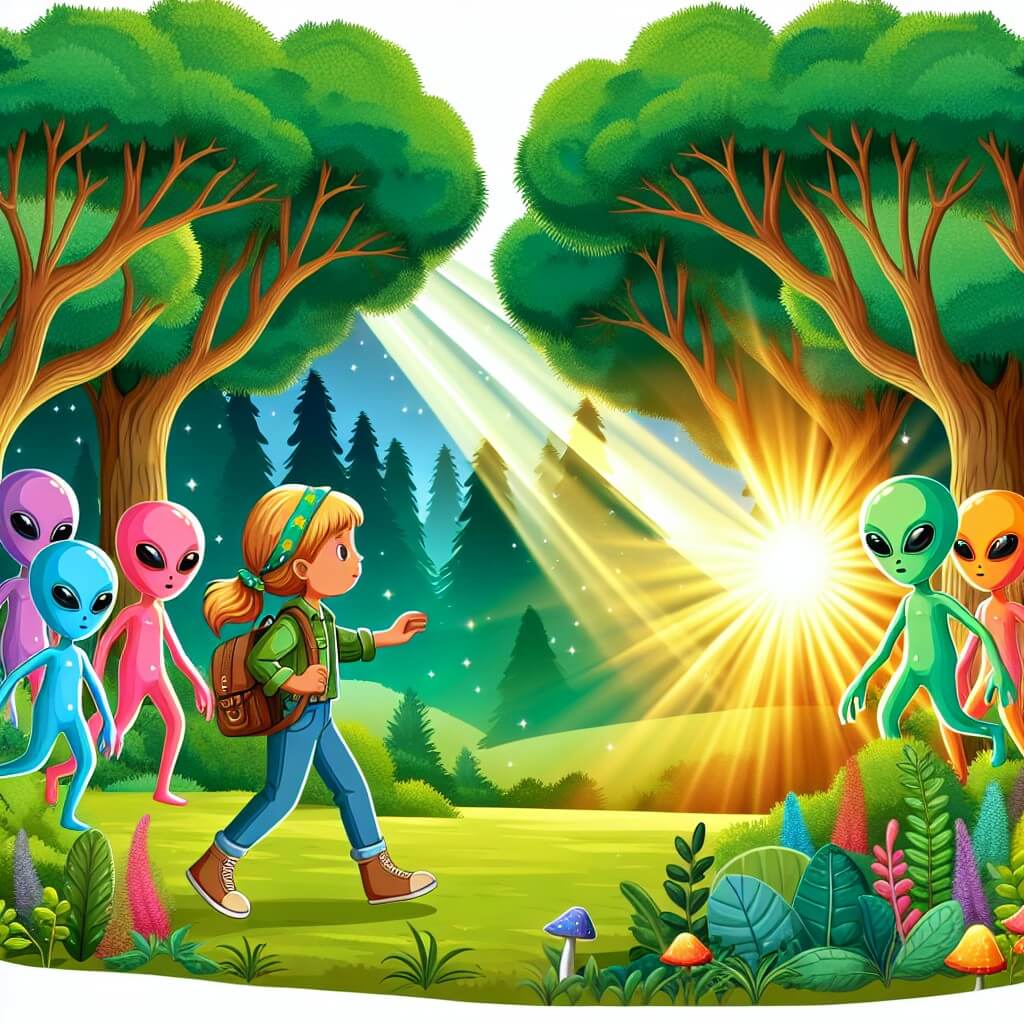 Une illustration destinée aux enfants représentant une jeune fille aventurière, faisant la rencontre d'extraterrestres colorés, dans un magnifique bosquet de verdure, avec des arbres majestueux et une clairière ensoleillée.