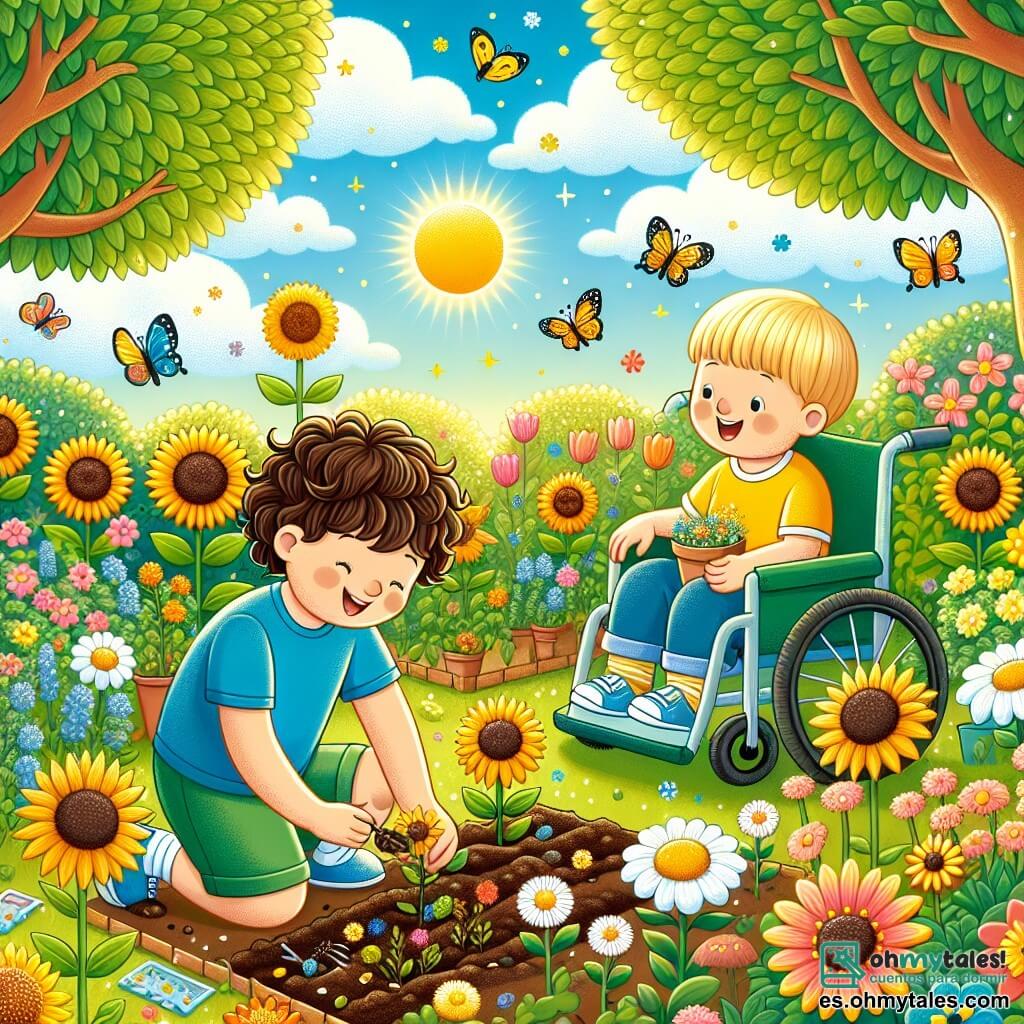 Ilustración que representa un jardín en plena floración, bañado por la luz dorada del sol primaveral. Las flores coloridas, como girasoles amarillos y margaritas blancas, bailan suavemente bajo una brisa ligera, mientras que árboles con hojas verdes brillantes rodean el jardín, creando una atmósfera alegre y acogedora. En esta escena, un niño de cuatro años, con cabello rizado y castaño, lleva una camiseta azul y un short. Está agachado, con una gran sonrisa, plantando una semilla de girasol en la tierra. A su lado, otro niño de cuatro años, con cabello rubio y corto, está sentado en una silla de ruedas. Lleva una camiseta amarilla y mira con asombro las flores, sosteniendo un pequeño paquete de semillas de margaritas en sus manos. Los dos amigos están inmersos en la actividad de jardinería, rodeados de tierra y semillas, simbolizando la amistad y la alegría de la primavera. Insectos coloridos, como mariposas y abejas, vuelan a su alrededor, añadiendo un toque de magia a la escena. Al fondo, se pueden ver nubes blancas flotando en un cielo azul claro, reforzando la atmósfera primaveral y alegre de este momento compartido.