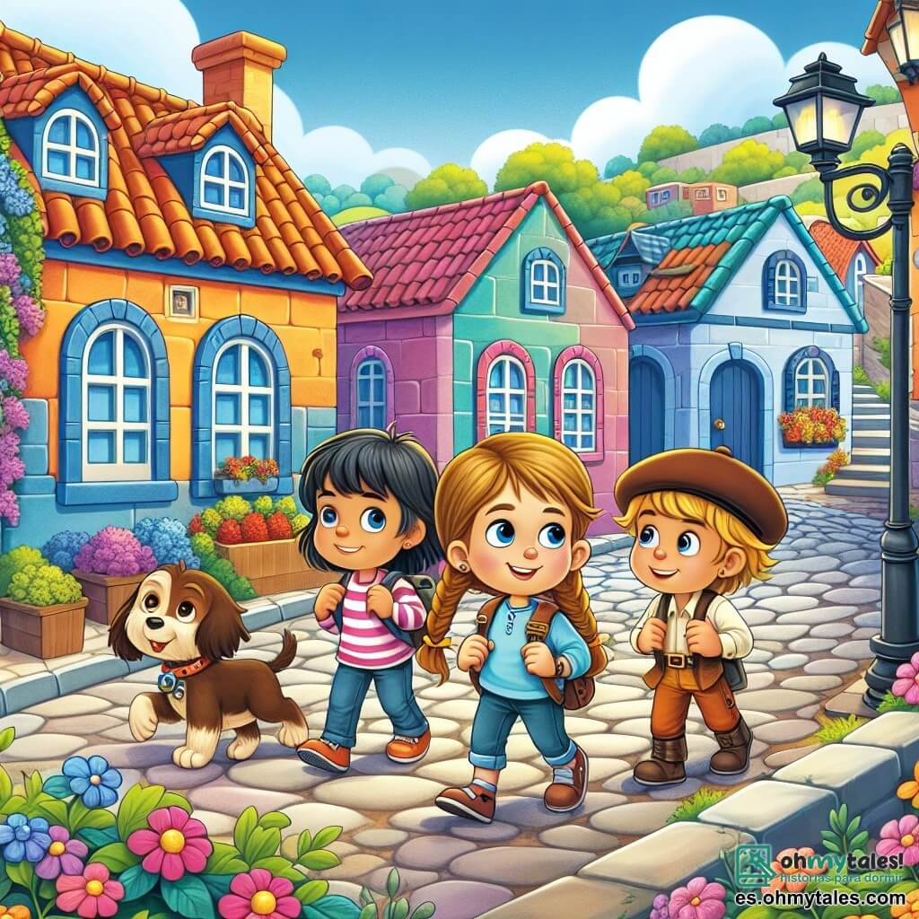 Une illustration destinée aux enfants représentant une petite fille curieuse et courageuse, enquêtant sur un mystérieux vol à l'école avec ses amis, dans un paisible village aux maisons colorées et aux fleurs en fleurissant le long des rues pavées.