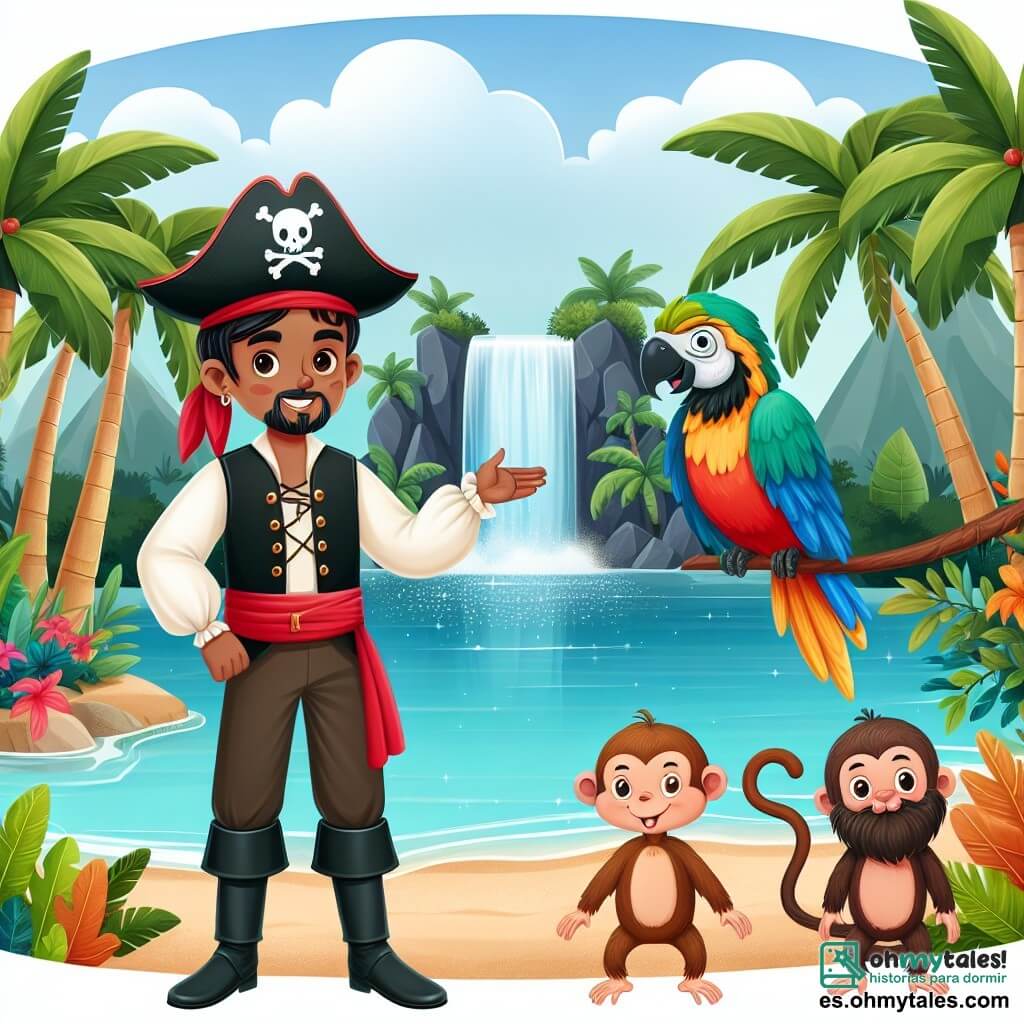 Une illustration destinée aux enfants représentant un courageux pirate, un perroquet bavard et malicieux, évoluant sur une île tropicale luxuriante avec des palmiers majestueux, des singes espiègles et une cascade scintillante.