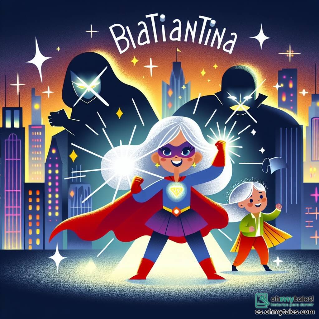 Une illustration destinée aux enfants représentant une superhéroïne brillante affrontant un vilain avec des pouvoirs de ténèbres, accompagnée de sa meilleure amie, une fillette aux cheveux argentés, dans la ville étincelante de Brillantina, où les lumières scintillent et les ombres dansent.