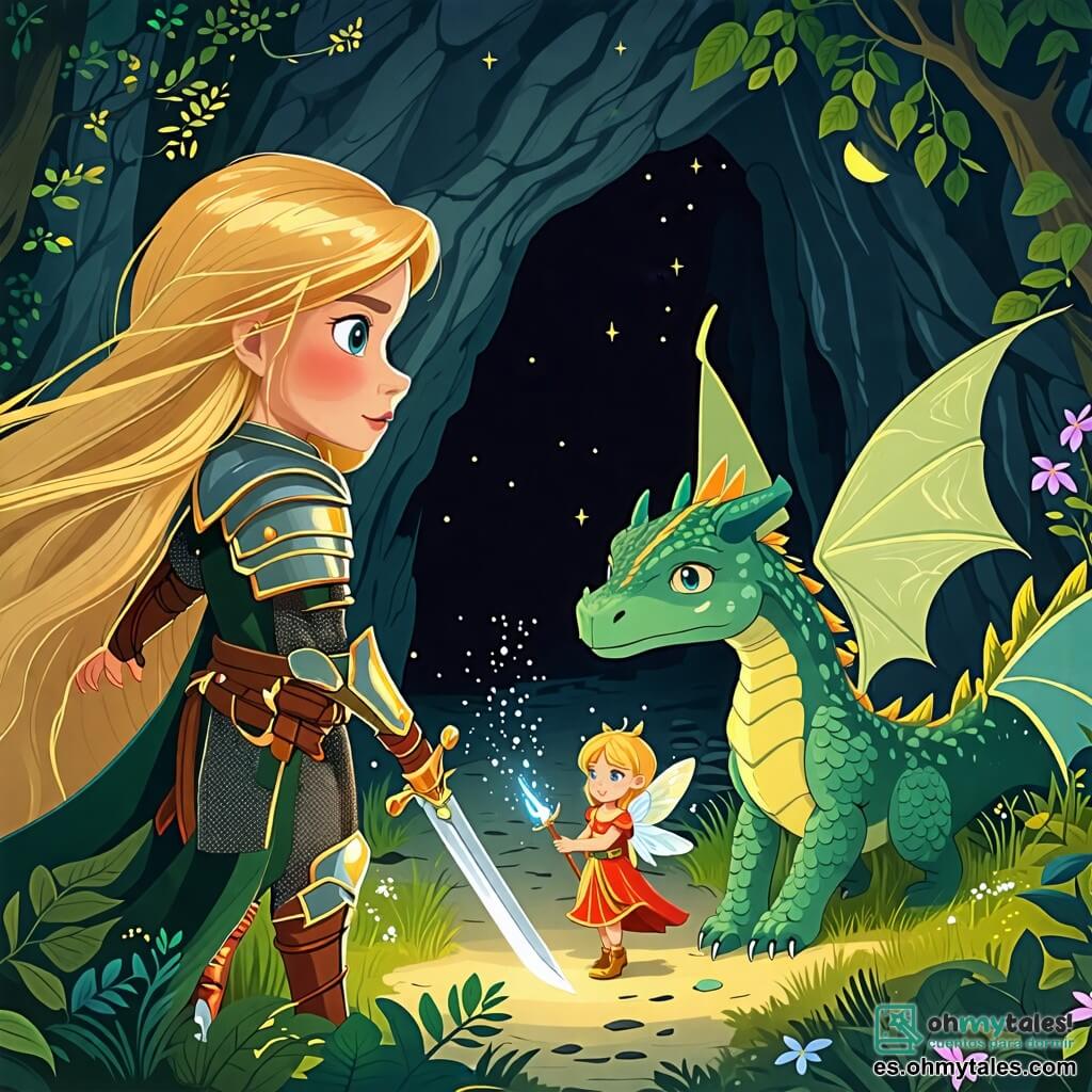 Une illustration sous forme de dessin destinée aux enfants représentant une scène magique dans une forêt enchantée, où une courageuse chevaleresse aux cheveux longs et dorés, portant une armure brillante et brandissant une épée, se tient fièrement devant une caverne sombre, tandis qu'à ses côtés, un petit et pétillant dragon aux écailles vertes et aux yeux doux observe avec curiosité, et une petite fée aux ailes colorées vole autour d'eux, illuminant la scène de sa magie, alors qu'ils se préparent à affronter un défi ensemble pour protéger leur village.