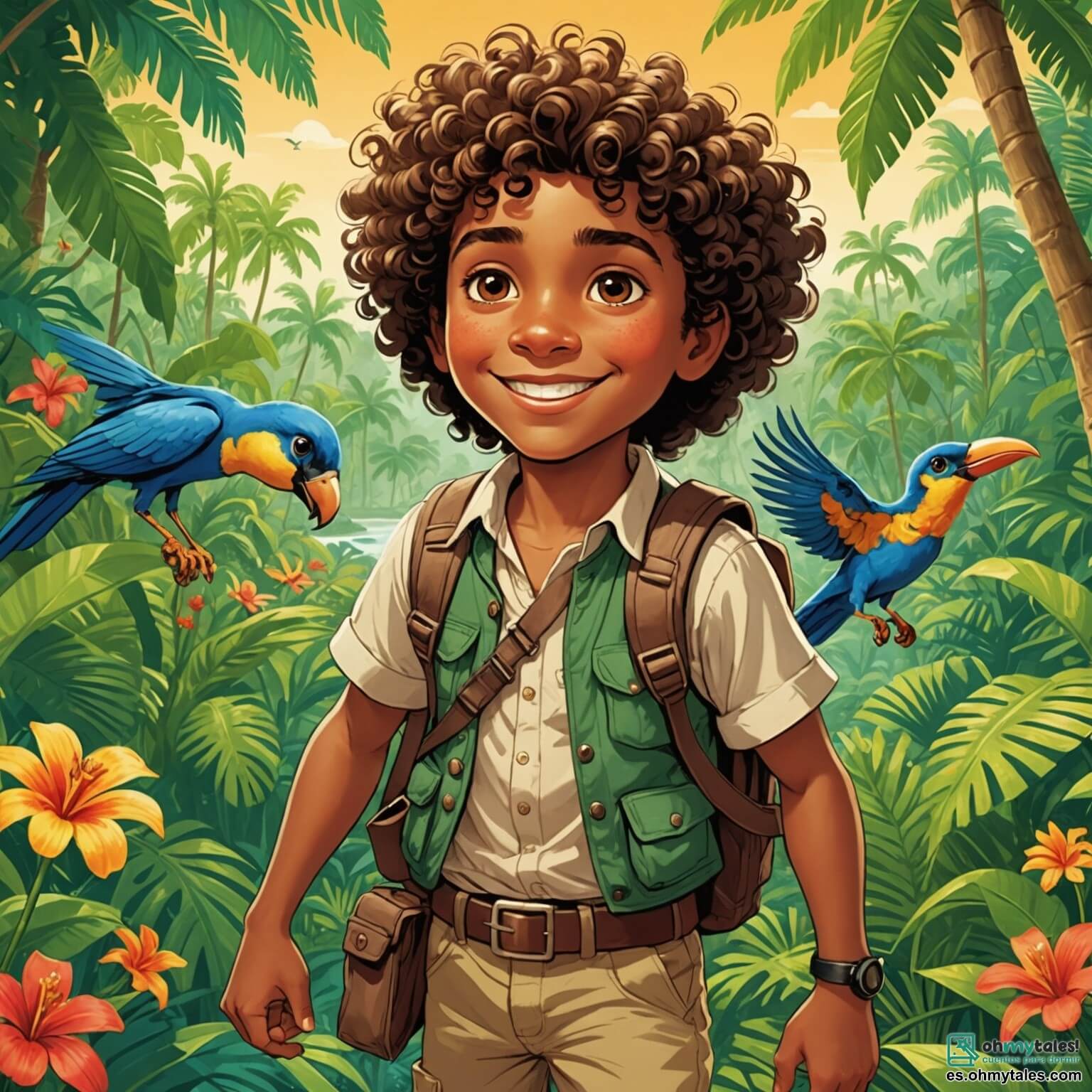 Une illustration destinée aux enfants représentant une jeune exploratrice aux cheveux bouclés et aux yeux pétillants, déterminée à découvrir les secrets d'une île tropicale aux plages dorées et aux palmiers dansants, accompagnée de son ami intrépide, un garçon au sourire contagieux, alors qu'ils s'aventurent dans une jungle luxuriante, peuplée de fleurs éclatantes et de chants d'oiseaux exotiques.