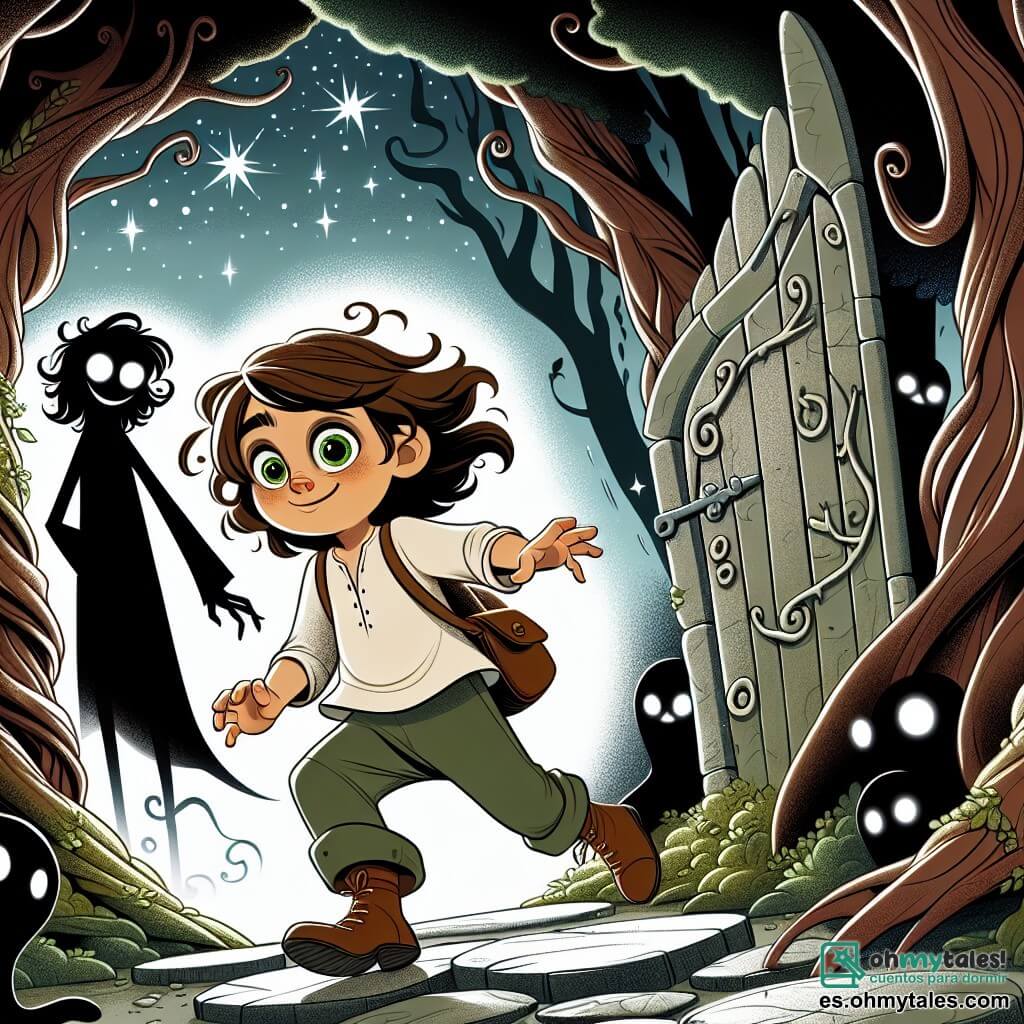 Une illustration sous forme de dessin destinée aux enfants représentant une forêt sombre et mystérieuse, avec des arbres aux troncs tordus et des feuilles tourbillonnantes sous un ciel étoilé, où une fille de 11 ans, aux grands yeux curieux et à la chevelure ébouriffée, avance courageusement vers un ancien portail de pierres couvert de mousse, tandis qu'un garçon espiègle aux yeux pétillants et au sourire malicieux l'observe depuis l'ombre, illustrant le moment où elle se prépare à entrer dans le monde des ombres, entourée de silhouettes dansantes et de lueurs inquiétantes, symbolisant ses peurs à surmonter.
