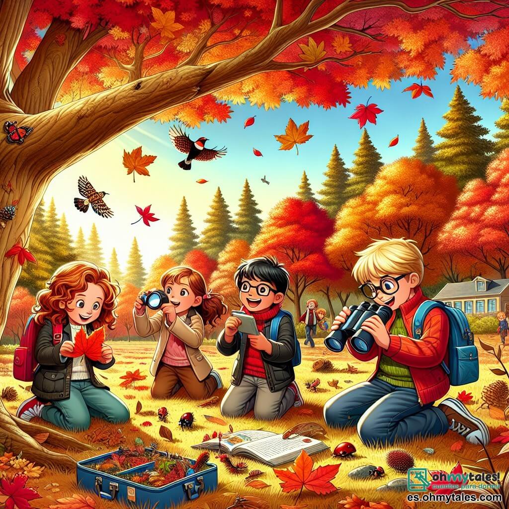 Ilustración que representa un parque en otoño, con árboles majestuosos cuyas hojas brillan en colores rojo, naranja y amarillo. El suelo está cubierto de una alfombra de hojas muertas, creando un contraste cálido con el cielo azul claro. En el centro de la escena, un niño de unos 10 años, con cabello castaño y rizado, está agachado, observando atentamente una pequeña mariquita sobre una hoja. A su lado, una niña de unos 9 años, con cabello largo y rubio, sostiene unos binoculares y mira al cielo, maravillada por un pájaro que vuela. Otro niño de aproximadamente 10 años, con gafas y cabello castaño, examina una hoja roja que sostiene en su mano, mientras que otro niño, un poco mayor, con cabello negro y corto, toma notas en un cuaderno con una sonrisa de emoción en el rostro. La situación principal muestra a los niños en plena exploración, cautivados por las maravillas de la naturaleza otoñal, intercambiando descubrimientos y compartiendo su entusiasmo. Al fondo, un viejo roble majestuoso se alza, añadiendo un toque de grandeza a la escena, mientras una suave brisa hace danzar las hojas a su alrededor, creando una atmósfera mágica y dinámica.