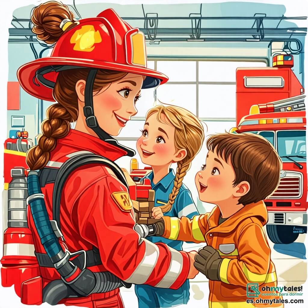 Une illustration sous forme de dessin destinée aux enfants représentant une scène colorée dans une caserne de pompiers, avec une femme pompier aux cheveux bruns attachés en chignon, portant un uniforme rouge et un casque, souriante et tenant une grande manguera, tandis que deux enfants, une fille aux cheveux blonds en tresse et un garçon aux cheveux bruns, regardent avec émerveillement et impatience, imaginant qu'ils aident à éteindre un feu de bois en jouet, entourés de jouets de pompier et de camions miniatures, créant une atmosphère joyeuse et pleine d'aventure.