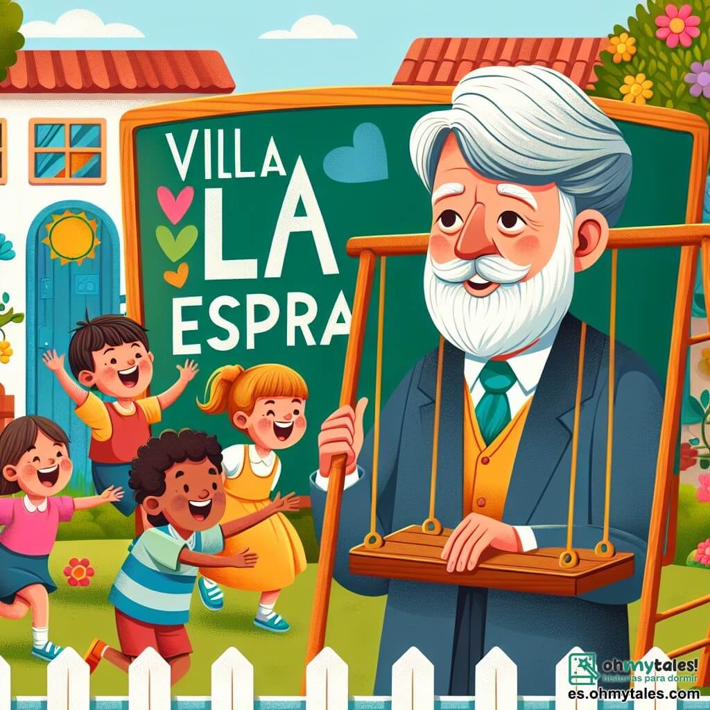 Une illustration destinée aux enfants représentant un instituteur bienveillant aux cheveux canons, accompagné de ses joyeux élèves, dans une école colorée avec des balançoires, un toboggan et un magnifique jardin fleuri à Villa Esperanza.