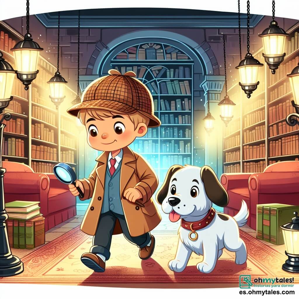 Une illustration destinée aux enfants représentant un garçon curieux et malicieux, accompagné de son fidèle chien détective, explorant une bibliothèque enchantée aux étagères remplies de mystères, à la lumière douce des lampes à l'ancienne.