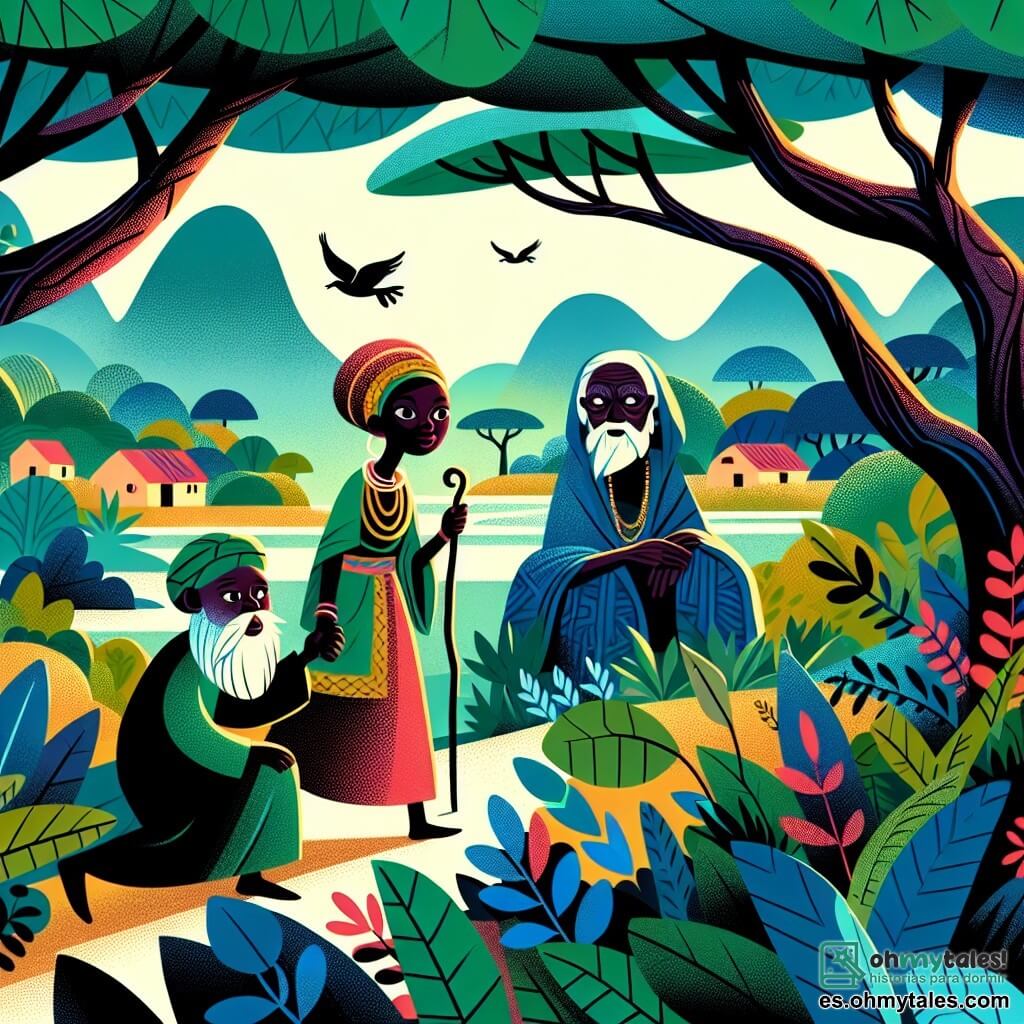 Une illustration destinée aux enfants représentant une femme conteuse en train de parcourir des paysages africains luxuriants, accompagnée d'un mystérieux ancien sage, à la recherche d'un trésor caché, dans un petit village au bord de la forêt de Kwetu.