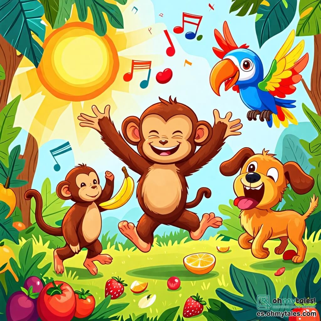 Une illustration sous forme de dessin destinée aux enfants représentant une forêt colorée et ensoleillée, avec un singe aux poils bruns et aux grands yeux malicieux, sautillant joyeusement en tenant une banane dans une main, entouré d'un perroquet aux plumes éclatantes qui virevolte dans les airs et d'un chien aux oreilles tombantes qui rit en essayant de danser, le tout dans une ambiance festive où des fruits sont éparpillés sur l'herbe et des notes de musique flottent dans l'air.